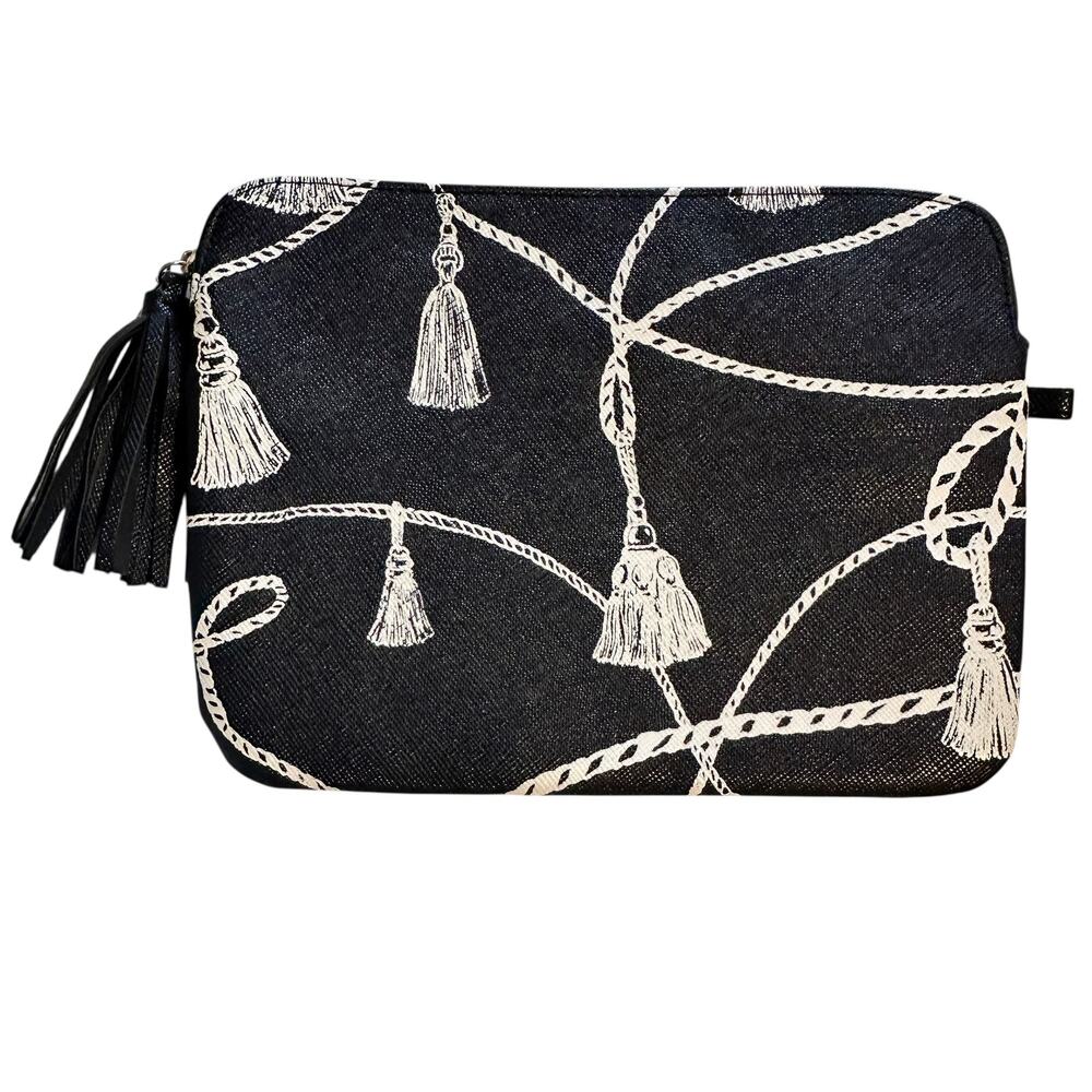 Chicos NEW Printed Tassel Tech Case Zip Pouch Navy Equestrian Print NWT